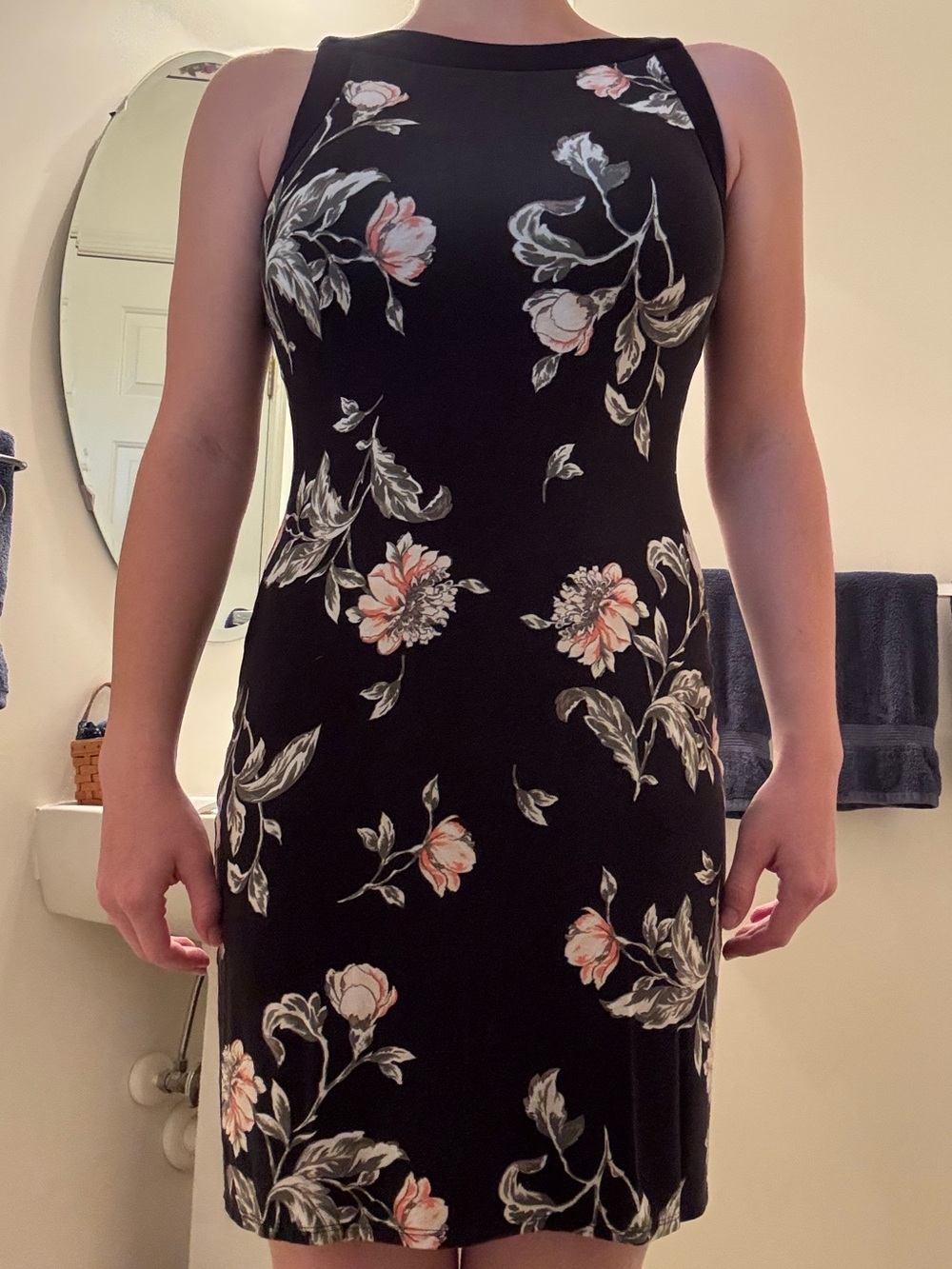 White House Black Market Black Floral Sheath Dress with Peach Accents